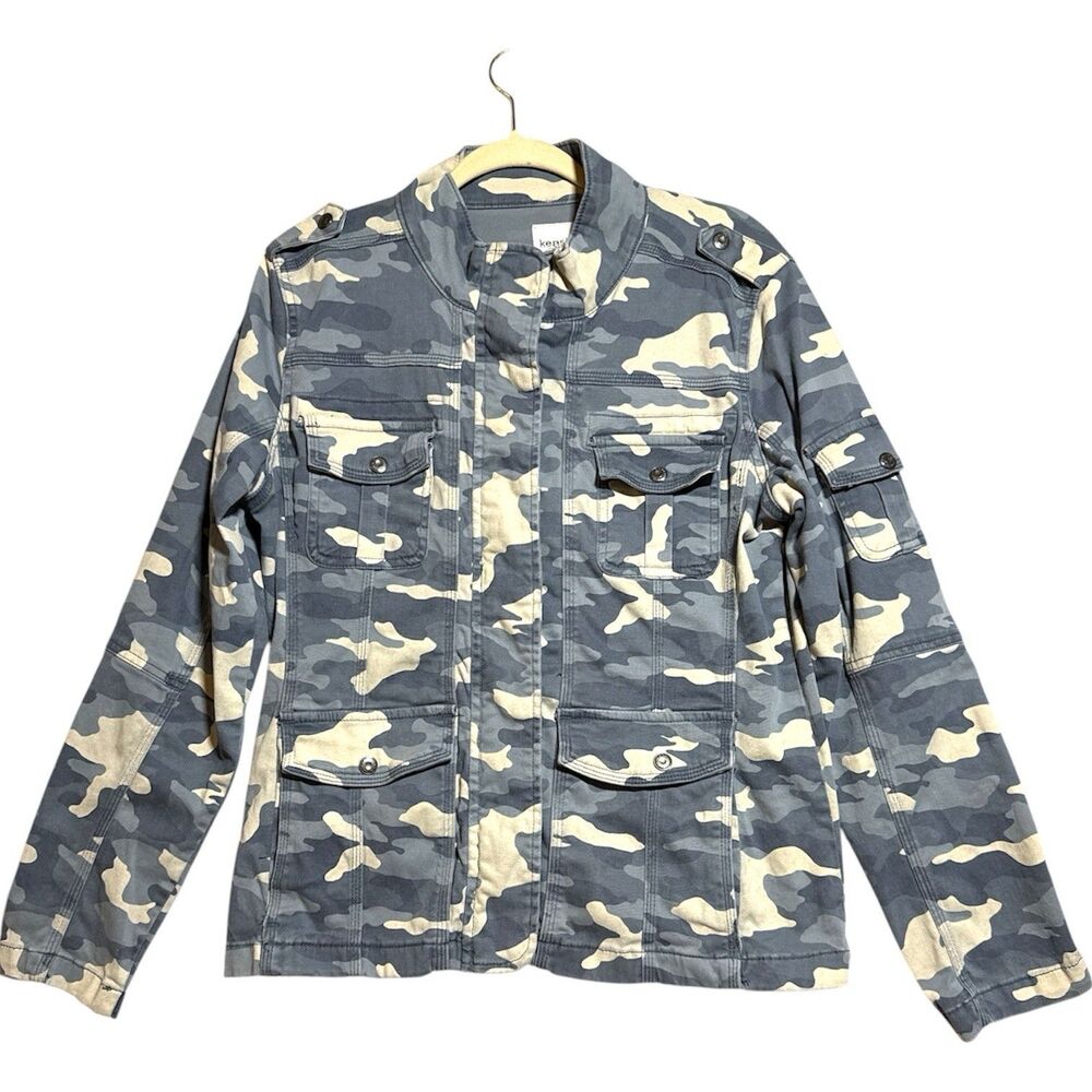 Kensie Jeans North Sea Blue Camo Jacket Utility Zip Snap Pockets Women's Size L